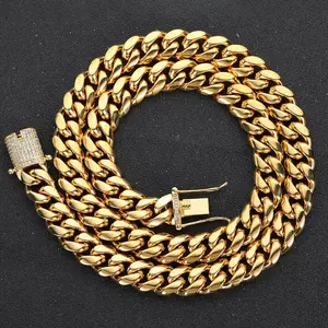 Three Times Plated Stainless Steel Hip Hop Iced Miami Cuban Link Chain Necklace For Men