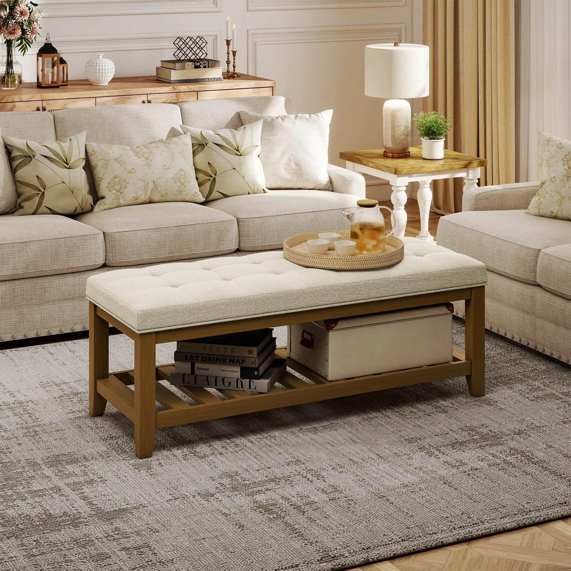 44.5in Large Rectangular Tufted Linen Upholstered Ottoman Bench - 44.5”X16"X18"” Size, Natural Rubberwood Shelf Storage, Multi-Functional Footrest for Bedroom, Living Room