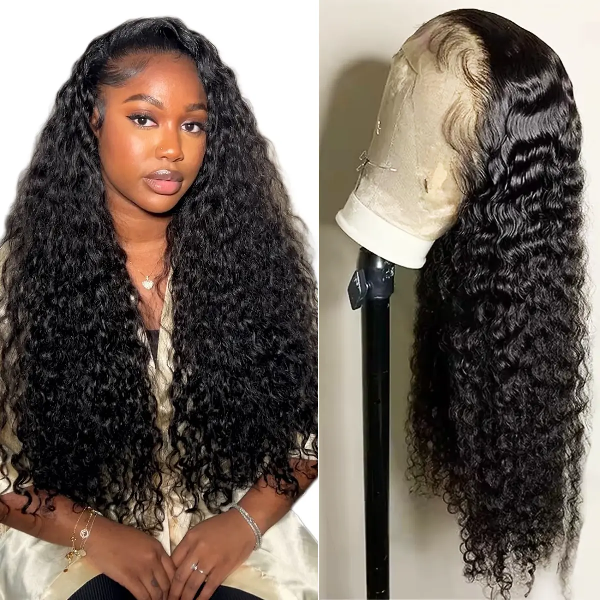 【NEW IN】180% Density  Deep Wave Frontal Wig 13x4 HD Lace Front Wigs For Women Water Wave Curly Lace Front Human Hair Wig 13x4 High Natural Black