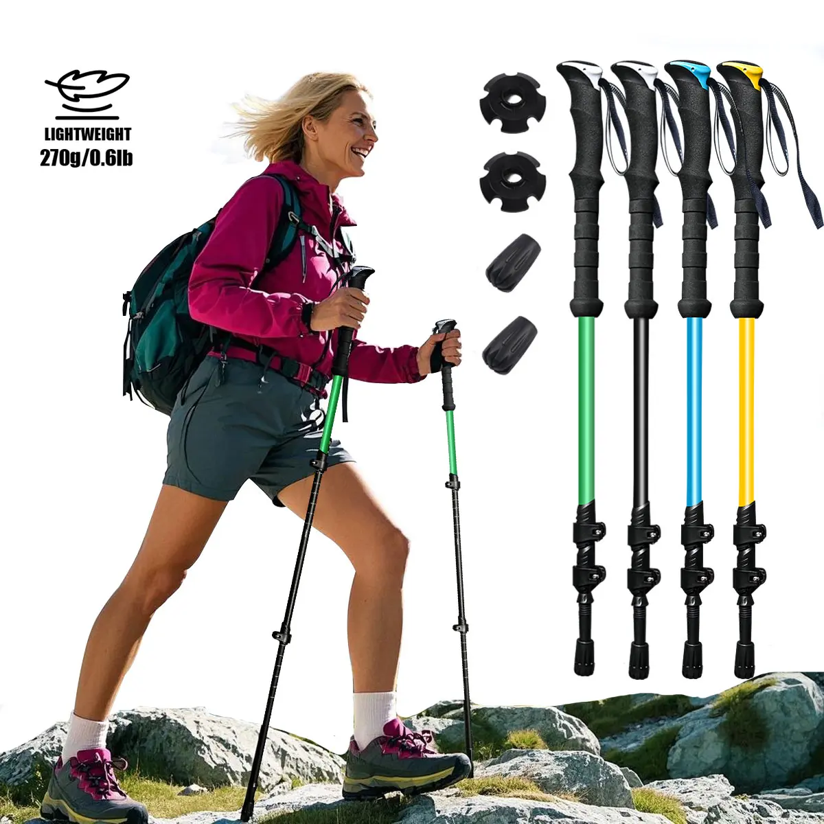 2 Pack 7075 Aluminum Alloy Trekking Poles, Lightweight Adjustable Hiking Sticks with 3-Section Telescoping Design, Durable Shock Absorbing Walking Poles for Hiking, Camping, Backpacking and Travel, Ergonomic Handle