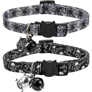 Cat Collar Halloween Set of 2, Skull Cat Collar for Small Dogs, Holiday Kitten Collar with Bell