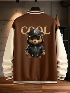 Men's Casual Sports Jacket, Light Stretch Regular Fit, Baseball Collar, Bear Letter Cartoon Print, Button Closure, All Seasons
