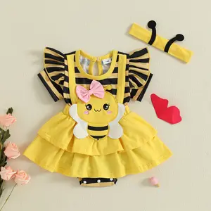 Imcute Newborn Baby Girl Outfits Short Sleeve Striped Bee A-line Romper Dress with Headband Clothes 0-18 Months