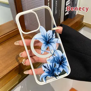 Magnetic Soft Case for iPhone 15 16 14 Pro Max 13 12 11 XR XS Plus E Blue Lily Grace Pattern Anti-Yellowing Shockproof ultra-thin Silicone Crystal Transparent Acrylic Cover Supports Wireless Charging