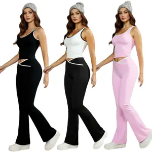 Women's Contrast Binding Backless Crop Tank Top & High Waist Flare Leg Pants Tracksuit Set Colorblock Summer Lounge Sweatsuits Exercise Activewear Workout Gym Clothing Yoga Outfit