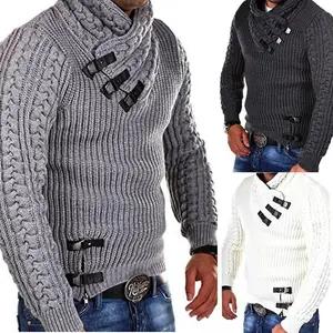 Men’s sweater, long-sleeved leather buttoned pullover, men’s clothing