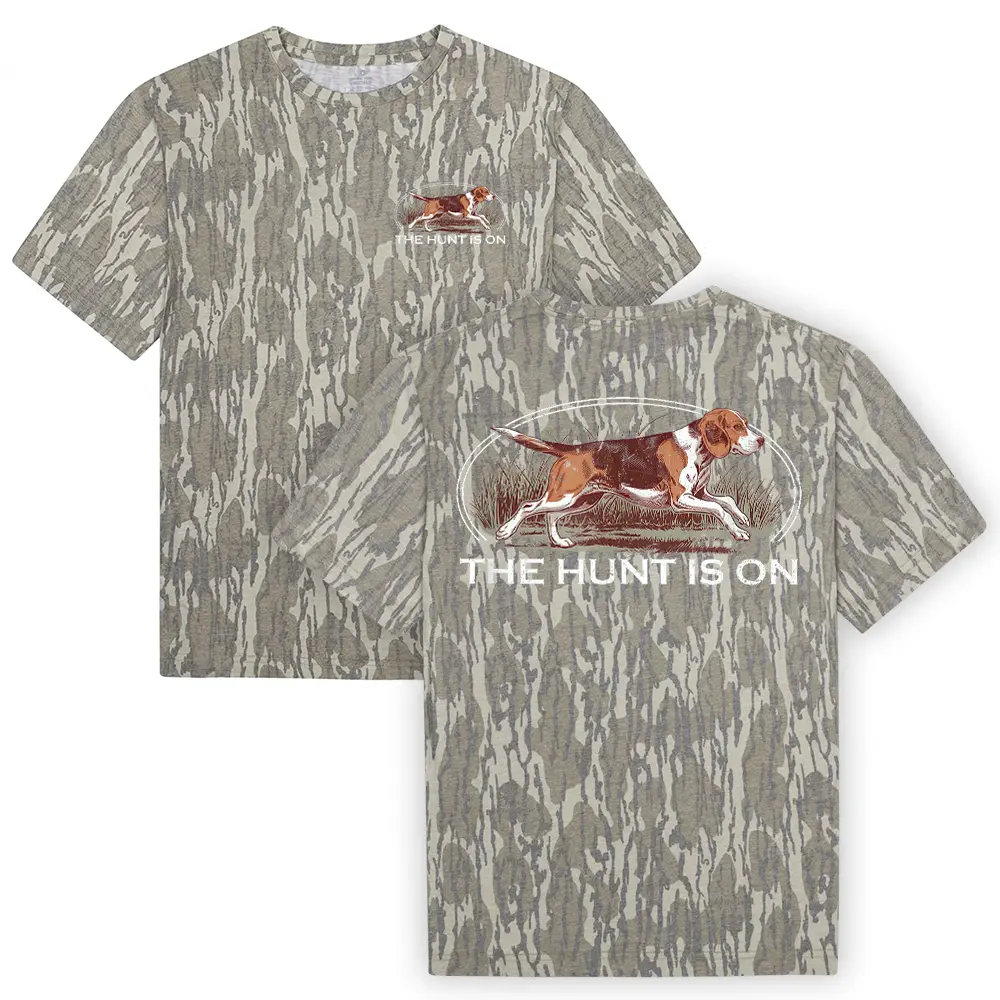 The Hunt Is On Mossy Oak Bottomland Camo Tee – Beagle Hunting Dog Outdoor Graphic Shirt