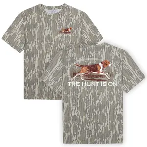 The Hunt Is On Mossy Oak Bottomland Camo Tee – Beagle Hunting Dog Outdoor Graphic Shirt