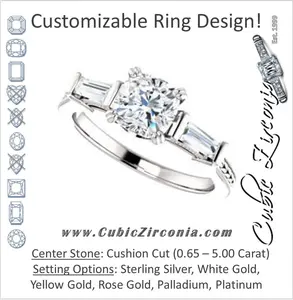 Cubic Zirconia Engagement Ring- The Kimiko (Customizable 3-stone Cushion Cut Design with Baguette Accents and Thin Wheat-Filigree Band)