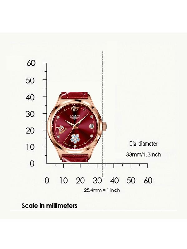Kassaw Women's Mechanical Watch, Elegant Vintage Style, Wine Dial, Butterfly Flower Decoration, Rhinestone Design, Leather Strap