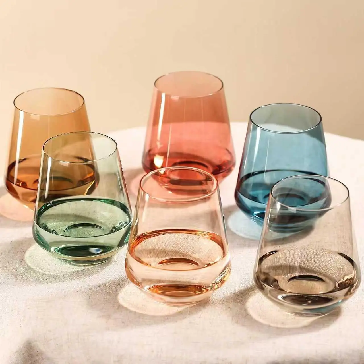 Comfit Colored Stemless Wine Glasses Set 6Pcs 17oz Hand Blown Crystal Glass | Wedding Bridal Shower Gift, Housewarming & Birthday Present For Women Mother’s Day Gift