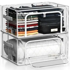 Sorbus Storage Bins with Metal Frame - Stackable & Foldable Clothes Organizer Bags - Clear Soft Plastic Storage Containers with & Carry Handles Organization for Bedding Linen & Clothing