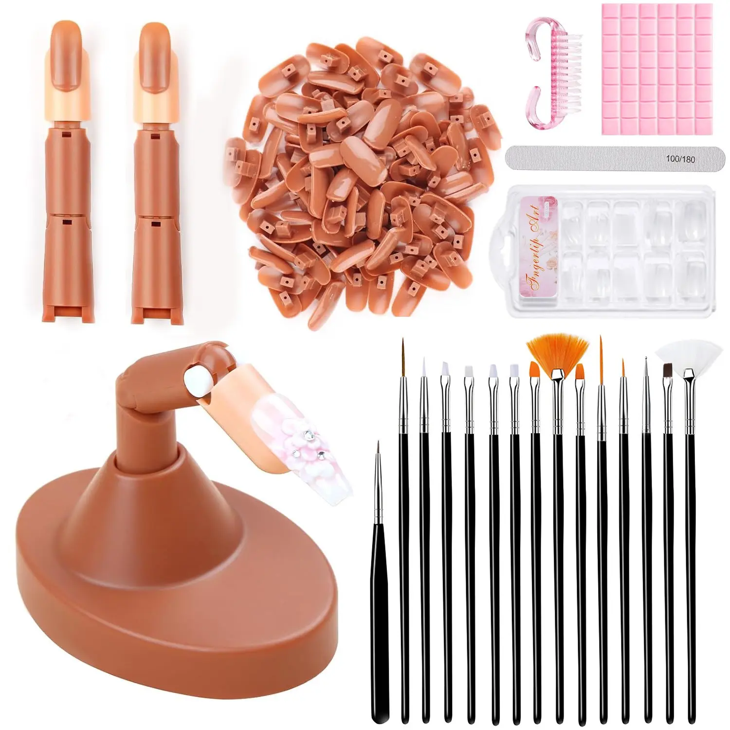 Nail Practice Finger Set with Movable Mechanical Joint, 3Pcs Flexible Nail Training Fingers + 100Pcs Nail Tips + 15Pcs Nail Art Brushes, Complete Manicure Practice Kit with Nail Stand, Nail File, Cleaning Brush & Clay for Beginners