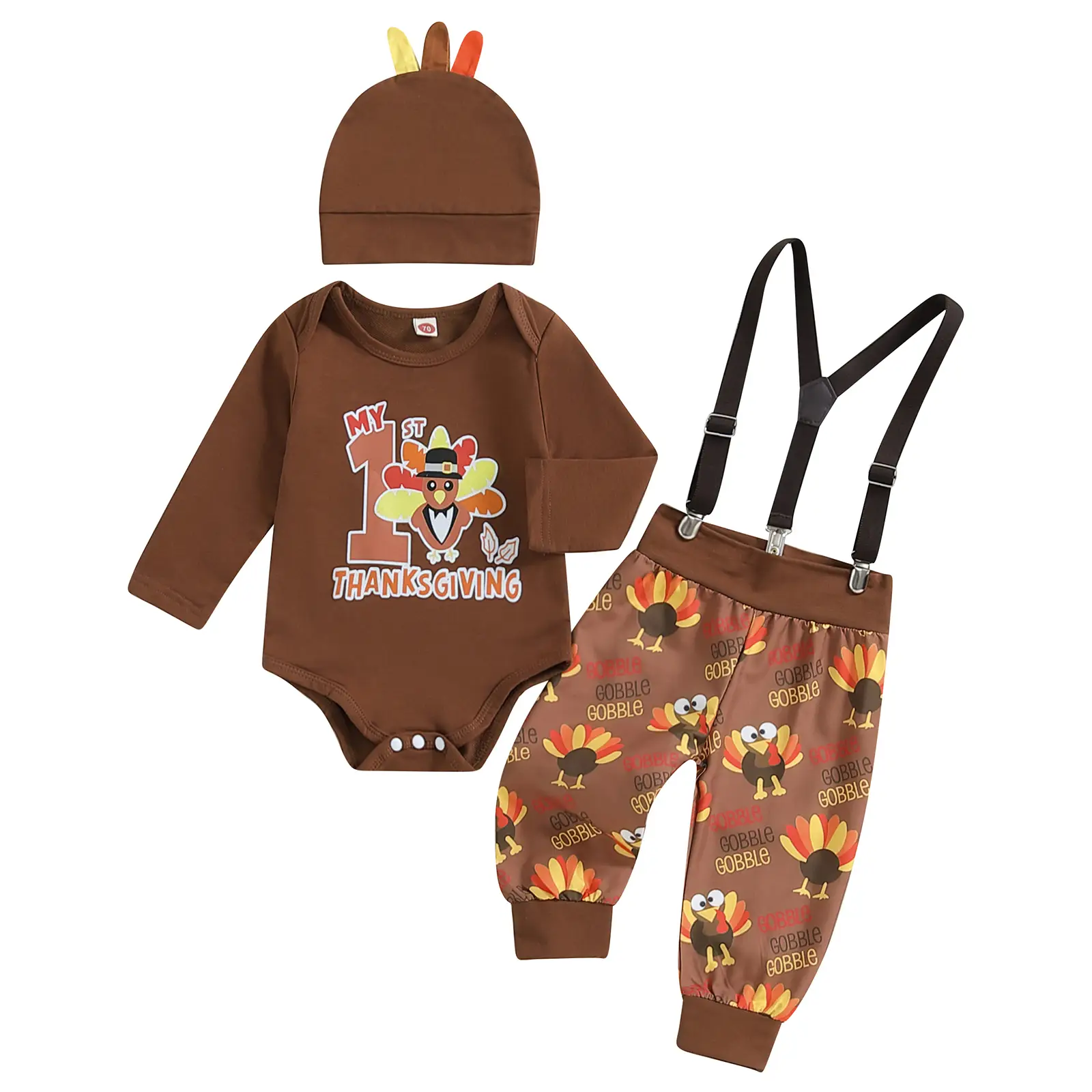 3Pcs Baby Boy Thanksgiving Outfit Letter Turkey Print Long Sleeve Romper and Suspender Pants Hat Set Spring Fall Sets