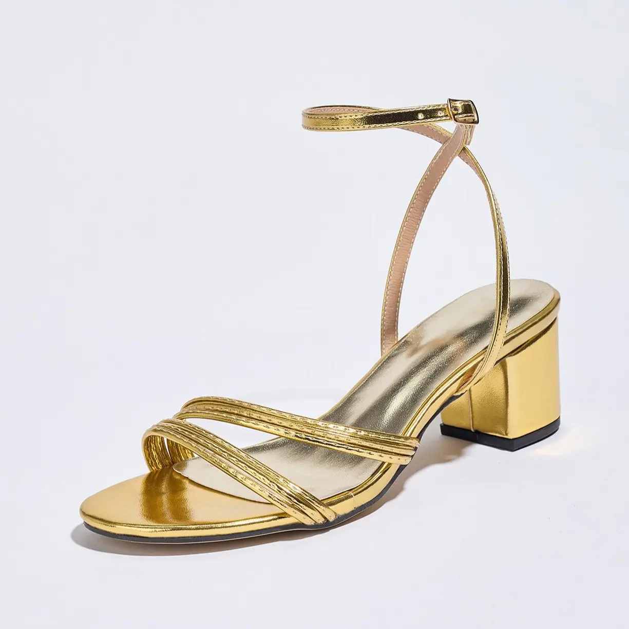 Women's Gold Metallic Chunky Heeled Sandals - Open Toe, Low Block Heels, Ankle Strap Buckle, Elegant Cocktail Party & Wedding Dress Footwear, Cocktail Sandals