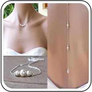 valentines gifts Boho Pearl back chain necklace Silver Pearl Crystal backdrop necklace long body chain bridal back drop chain summer beach body jewelry for women