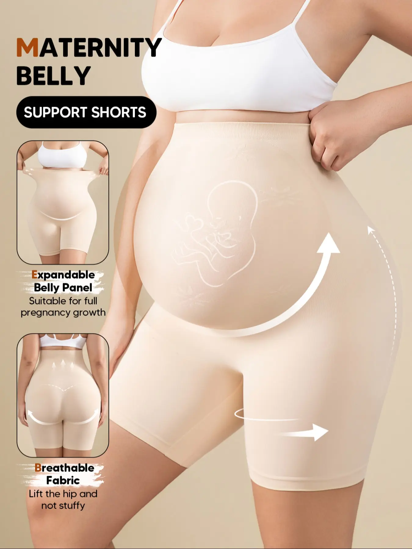 Maternity High Waist Belly Support Shorts, Expandable Panel Pregnancy Underwear, Prenatal Underwear, Maternity Undies, Breathable Anti-Chafing Tummy Shaper, Pregnancy Shapewear, Nude Color