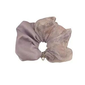 Purple Beaded Mesh Scrunchie | Y2K Aesthetic Ponytail Holder | Soft Elastic Yarn Ruffle Scrunchie | No-Crease Hair Rope Thick/Thin Hair | Elegant Lightweight Hair Accessory for Daily Wear, Office, Party, Workout & Gift