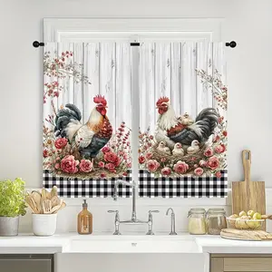 [Vintage Curtains] 2pcs Vintage Farmhouse Floral Rooster Print Curtains |   Light Filtering, Rod Pocket Design, Polyester Fabric - Perfect for Kitchen, Living Room, Office & Bedroom Decor