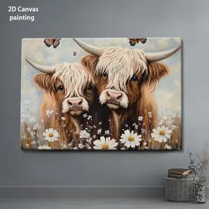 2D Flat Framed Artistic Oil Painting Photo - Animal Scene with 2 Highland Cows, Floral Print Flower Field, Multi-Size Wall Decoration for Living Room Decor, Bedrooms