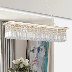 Modern Crystal Chandelier for Dining Room 8-Light Gold Rectangle Raindrop Chandelier Contemporary Rectangular Pendant Light Fixture for Kitchen Island Bar L39.4'' x W9.8'' x H8.7'(Bulb Not Included)