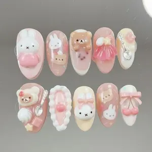 jasonj.nail Cute Bunny Teddy Press-On Nails, 3D Rabbit, Bear & Ribbon Charms, Soft Pink Cream Base, Sweet Kawaii Aesthetic, Adorable Everyday Nail Art, Custom Handmade Set
