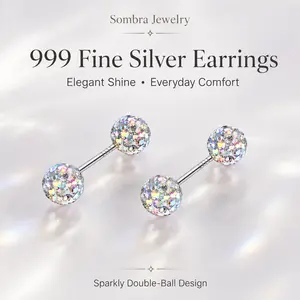 S999 Fine Silver Post Hypoallergenic Stud Earrings for Women, Diamond-Look Aurora Crystal Ball Silver Earrings, Double Ended Cartilage Helix Conch Lobe Jewelry Gift for Girlfriend