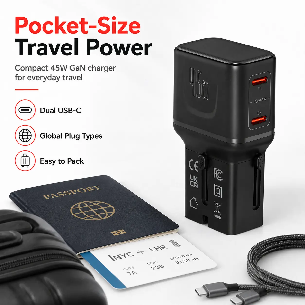 Universal Travel Adapter 45W GaN USB-C Fast Charger, US/EU/UK/AU Plug Adapter with Dual USB-C Ports, PD PPS QC Charging for International Travel