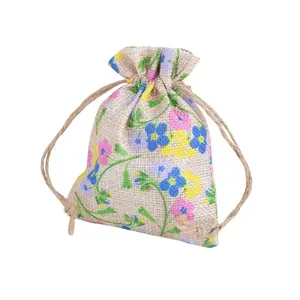 Mini Floral Print Burlap Drawstring Bags – 12 Pc.