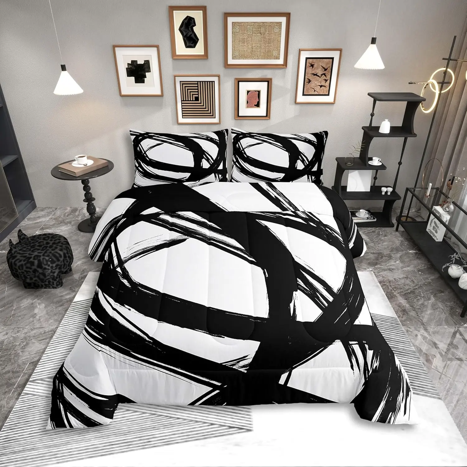 Feelyou Multi-Size Black and White Abstract Duvet Set - Reversible, Breathable, Soft Graffiti Stripes-Lines Geometric Bedding, Durable, Machine Washable Insert, No Casual Bedroom Cozy Setup for Kids Boys, RV-Travel-Friendly, Minimalist Guest Room, Print,
