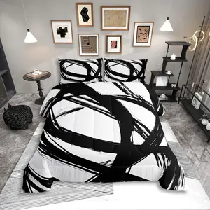 Feelyou Black and White Abstract Comforter Set - Graffiti Stripes Lines Bedding, Aesthetic Geometric Printed Duvet Insert for Kids Boys, Reversible Breathable Soft Blanket for Minimalists, Reversible Blanket