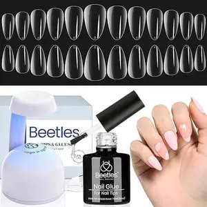 Beetles Gel Nail Kit Almond-500Pcs Gel Nail Kit Easy Nail Extension Set Short Almond Shape 5 In 1 Nail Glue Gel Extension Nail Kit Uv Led Lamp Acrylic False Nail Tips Kit DIY Nails Art Gifts for Women