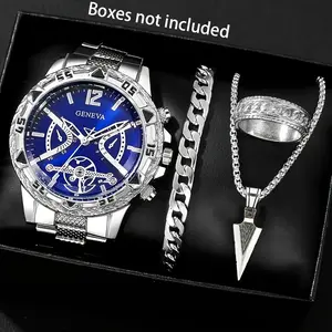 Geneva Men’s Blue Watch Set | 4-Piece Stainless Steel Jewelry Kit