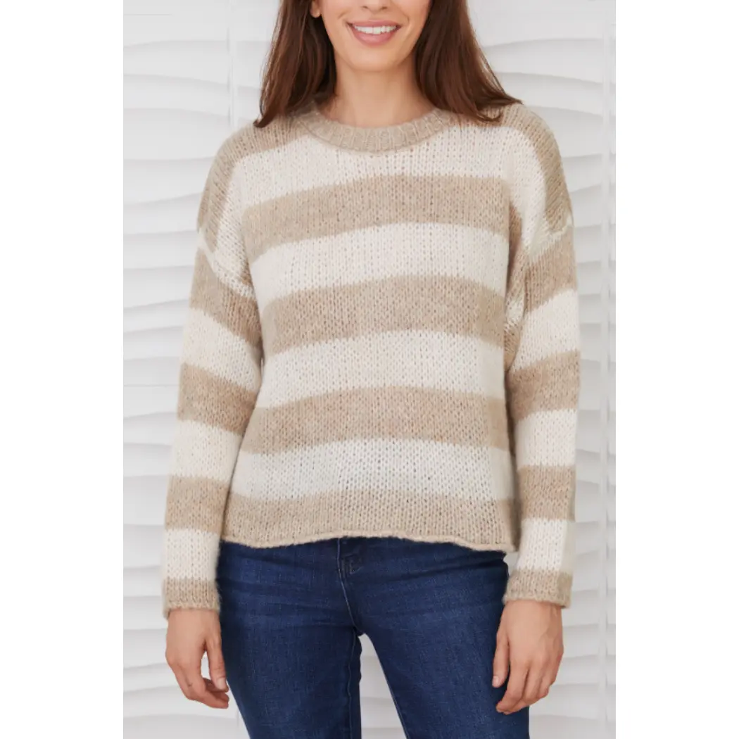 Fuzzy Knit Crew Neck Striped Sweater