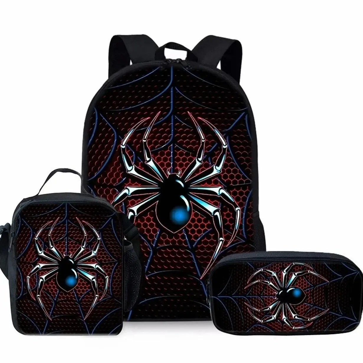 3 Pcs Red Spider Hero School Backpack Set | Cartoon Bookbag Insulated Lunch Box Pencil Case | Cool Gift for Boys & Girls