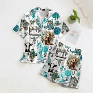 Western Cowgirl Pajama Set, Cowgirl Aesthetic Pajama Satin Set Turquoise Horses, Boots & Cactus Satin Pajamas