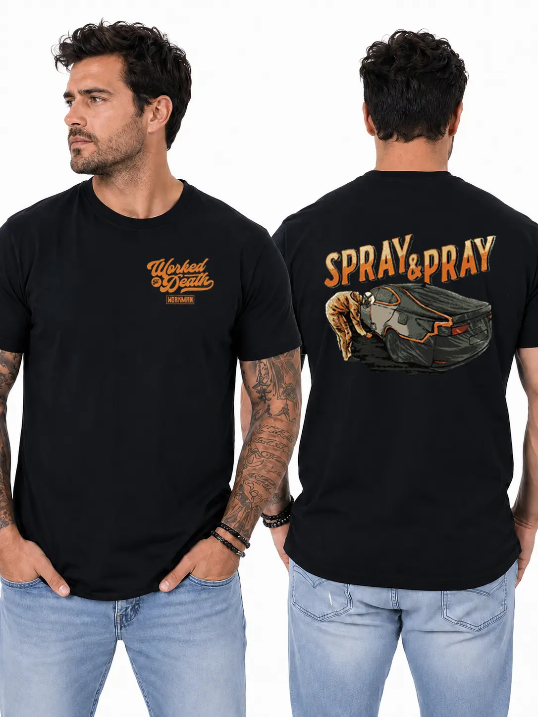 Spray & Pray Auto Painter T-Shirt, Car Body Paint & Spray Gun Graphic Design, Blue Collar Work Shirt for Auto Body Technicians & Collision Repair Workers, Gift for Automotive Painters or Garage Crews