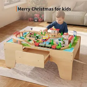 84 Piece Wooden Train Table for Toddlers & Kids, Multipurpose Activity Playset with Reversible Top, Built-in Storage Drawer & Train Tracks, Natural