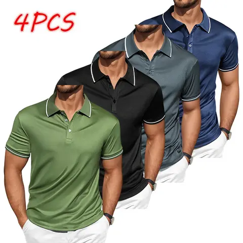 Men's Retro Button Front Slim Fit Polo Shirt 4-Pack - Colorblock Trim, Fitted Cropped Short Sleeve, Versatile for Office & Everyday Wear, Menswear Top
