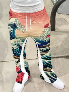 Kanagawa Giant Waves Japanese Art Bell Bottoms, Traditional Ukiyo-E Print Casual Pants, Fitted Geometric Pattern, All Seasons Wear