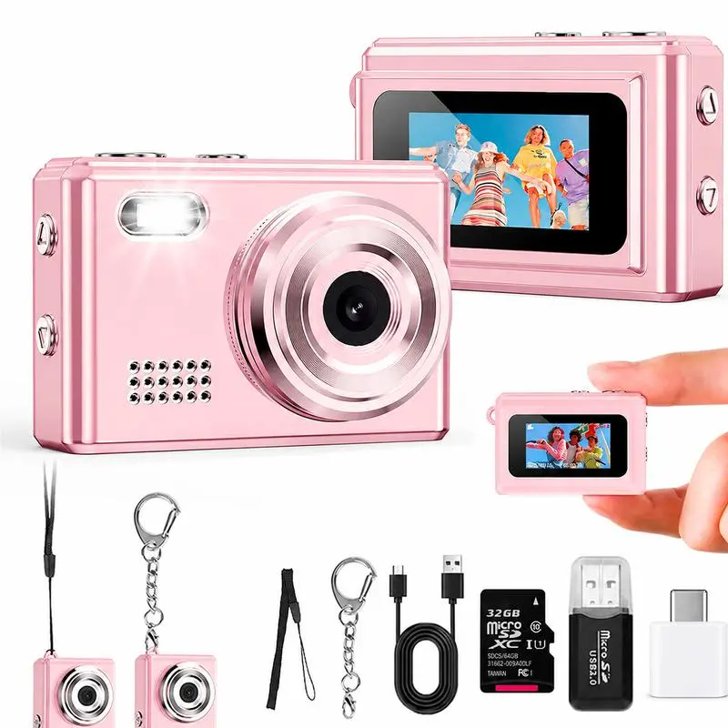 Mini CCD Retro Keychain Digital Camera - Rechargeable 1080P HD Point & Shoot Camera with 5 Vintage Filters, 32G Card, Flash, 0.96" Screen, OTG Transfer, Ideal Gift for Teens