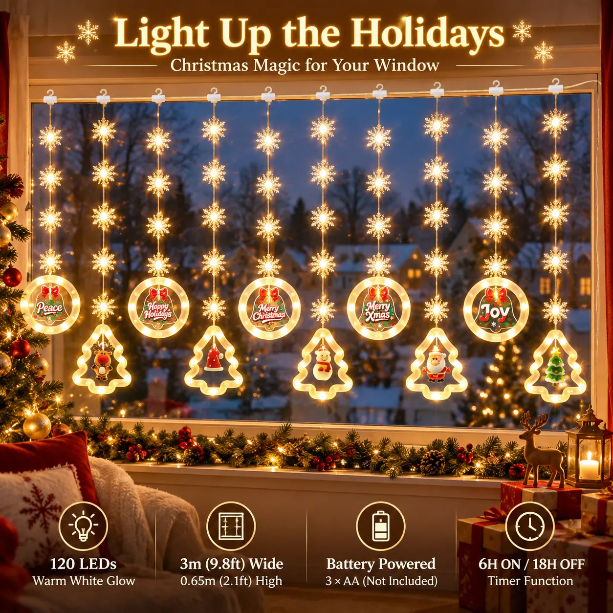 Christmas Window Lights, Battery Operated Christmas Curtain Lights with 8 Modes, Snowflake Tree Hanging Ornaments for Indoor Xmas Window Decorations, （Batteries Not Included）