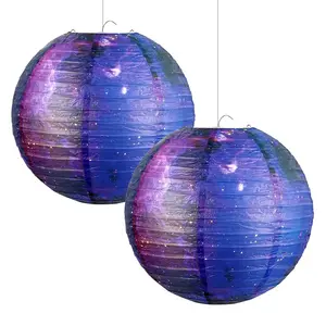 2 Pack Galaxy Nebula Paper Lanterns - Solar System Space Hanging Decor Kids Birthday Party Boys Room Bedroom Nursery Ceiling Purple Blue