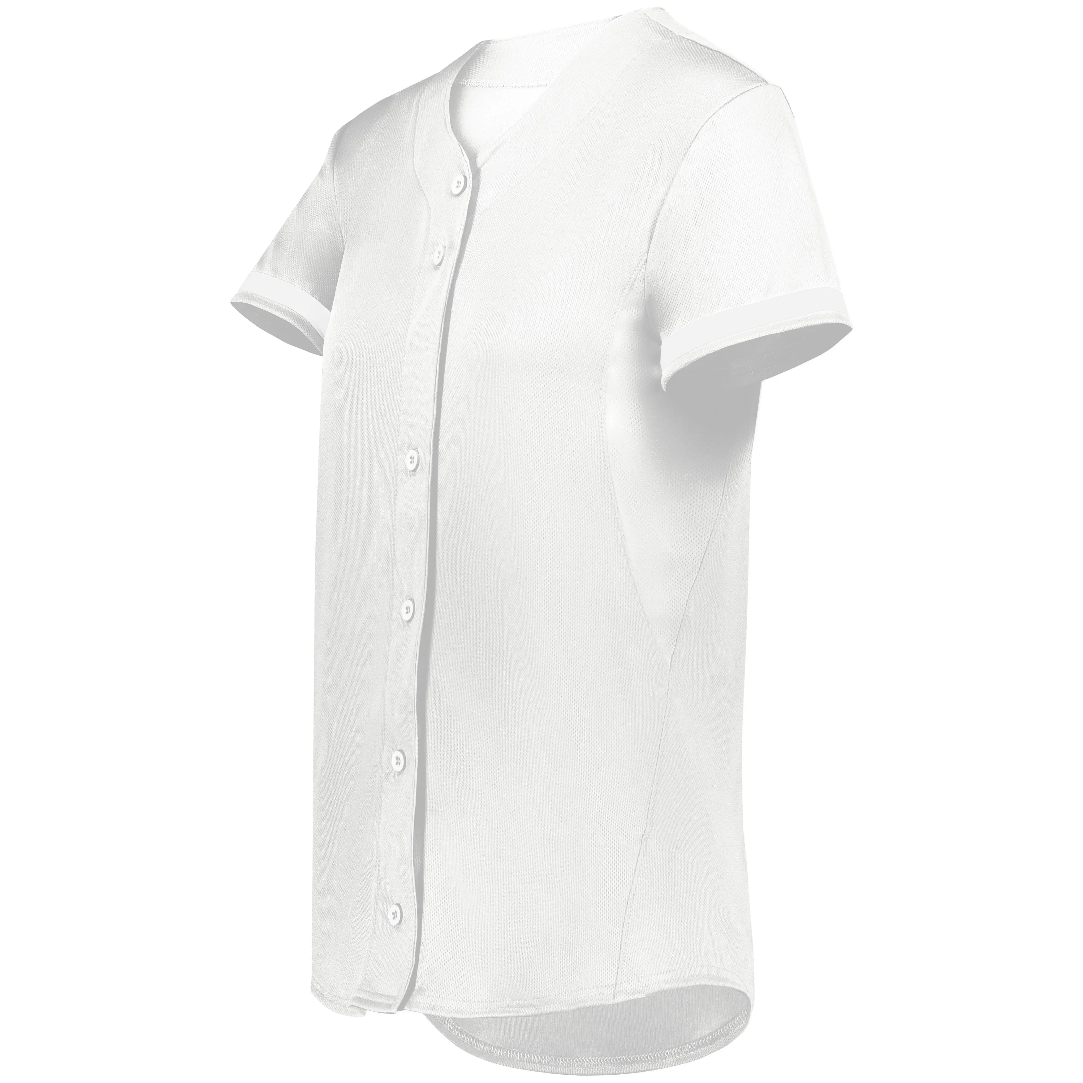 Female Baseball & Softball Jersey, Fitted Full-Button Stretch Polyester Top with Coloright Technology, Quick Dry, Moisture-Wicking & UPF 50+, Polyester Blend, Performance Tee, Spandex, Dropped Tail, Stretchable, Micro-Interlock, Tear Away Label, Uv-Protec