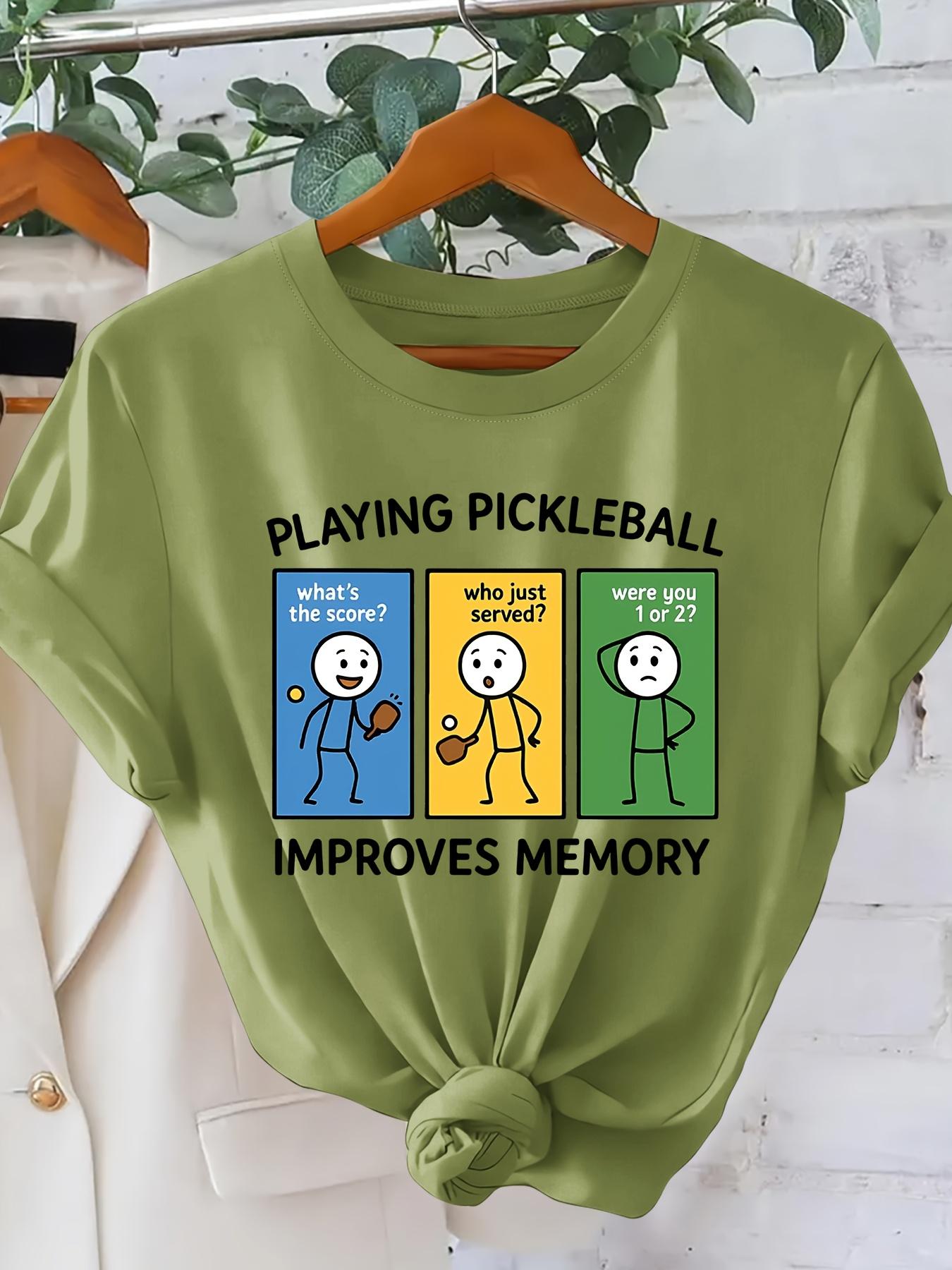 PLAYING PICKLEBALL Fun Cartoon Character Print Fashionable Vintage Style Women's Short Sleeve T-Shirt, Spring/Summer Daily Commute Casual Versatile Elegant Women's Apparel, Sporty Trendy Versatile Design, Simple Round Neck Comfortable Breathable Top,