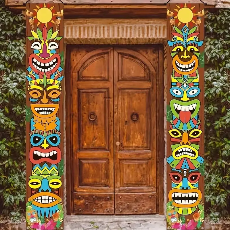 Hawaiian Luau Party Decorations, Colorful Tikis Door Banners with Tropical Flowers & Polynesian Patterns, Durable Polyester Fiber, Beach Party Decorations