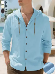 Men's hooded linen long - sleeve shirt showcases a Classic drawstring hood and a button - front placket. Made from breathable linen Fabric, it delivers a relaxed, easy - wearing fit. Ideal for casual hangouts, vacations, and layering. Top