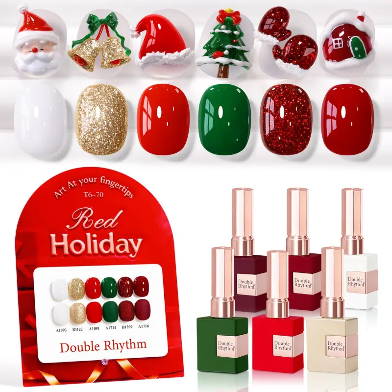 6-Piece 15ml Glitter Gel Nail Polish Set, Soak Off UV Gel Kit for DIY Home Nail Care Manicure - Burgundy, Red, Gold, Green, White, Six Pieces