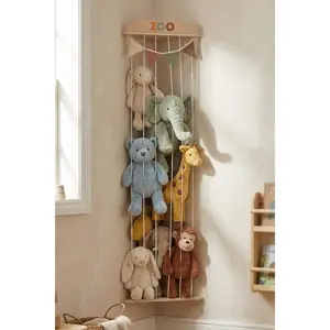 Stuffed Animal Storage Zoo with Decorative Muslin Garland Cute Wooden Toy Storage Organizer for Kids Playroom or Nursery Clever Easy to Assemble Corner Wall Holder Maximizes Small Spaces