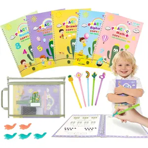 Reusable Grooved Handwriting Practice Workbooks for Kids Ages 3-8 Magic Disappearing Ink & 3D Groove Preschool Kindergarten Children Writing Books with Pen Grips